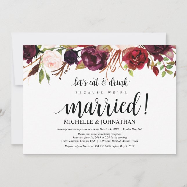 Rustic Burgundy Floral Elopement Reception Invites (Front)