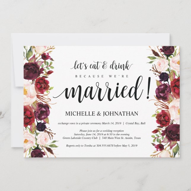 Rustic Burgundy Floral Elopement Reception Invites (Front)