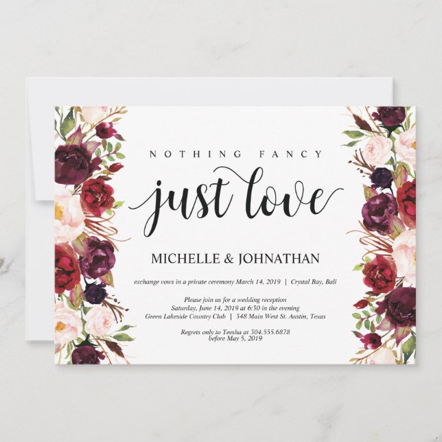 Rustic Burgundy Floral Elopement Reception Invites (Front)