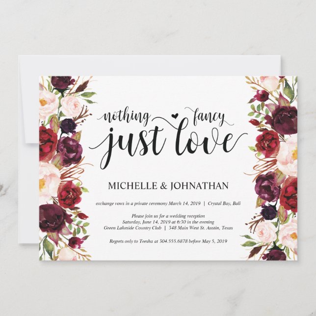 Rustic Burgundy Floral Elopement Reception Invites (Front)