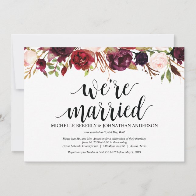 Rustic Burgundy Floral Elopement Reception Invites (Front)
