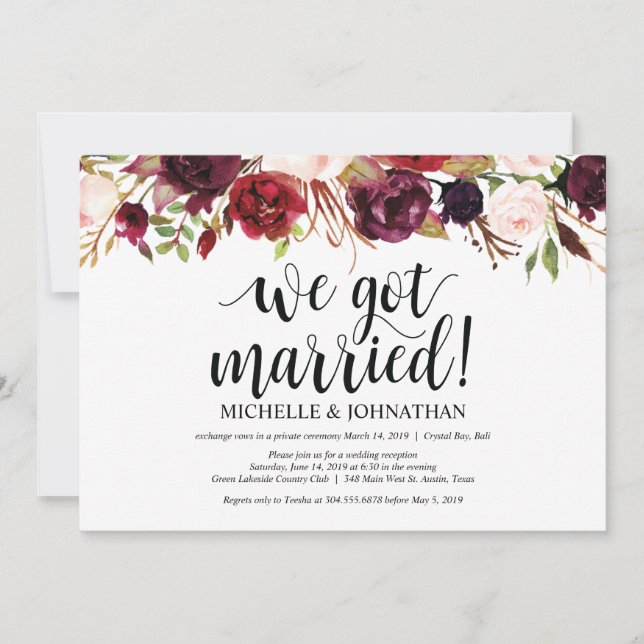 Rustic Burgundy Floral Elopement Reception Invites (Front)