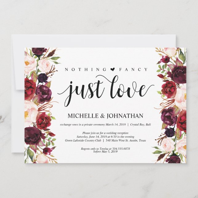 Rustic Burgundy Floral Elopement Reception Invites (Front)