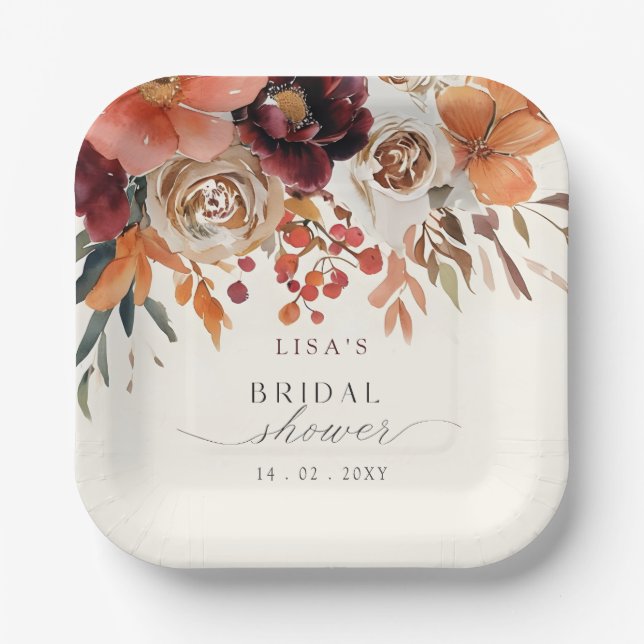 Rustic Burgundy Floral Fall Bridal Shower  Paper Plate (Front)