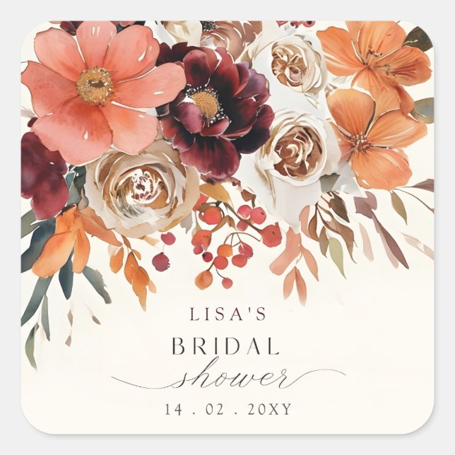 Rustic Burgundy Floral Fall Bridal Shower  Square Sticker (Front)