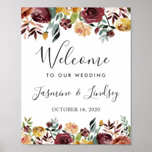 Rustic Burgundy Floral Fall Wedding Welcome Sign