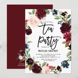 Rustic Burgundy Floral Frame Autumn Tea Party Invitation