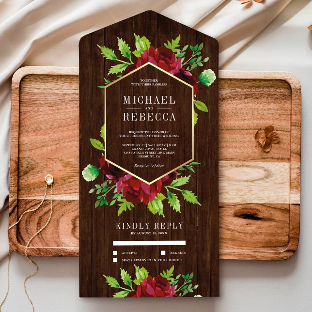 Rustic Burgundy Floral Gold Barn Wood Wedding All In One Invitation (Creator Uploaded)