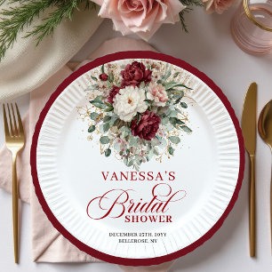Rustic Burgundy Floral Gold Bridal Shower Paper  Plate