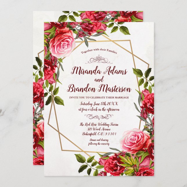Rustic Burgundy Floral Gold Wreath Wedding Invitation (Front/Back)