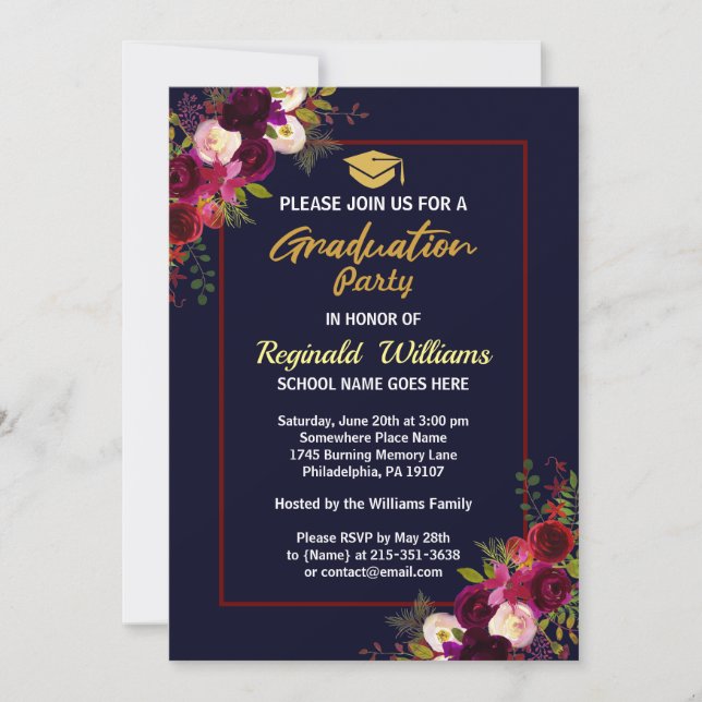 Rustic Burgundy Floral  Graduation Party Invitation (Front)