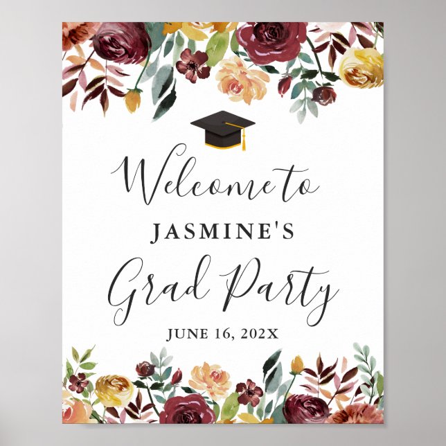 Rustic Burgundy Floral Graduation Welcome Sign (Front)