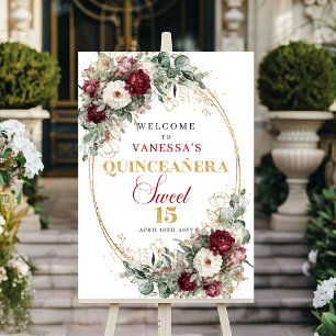 Rustic Burgundy Floral Greenery Quinceanera Welcom Poster