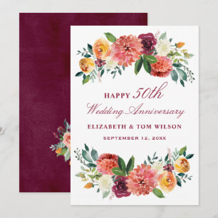 Rustic Burgundy Floral Happy Wedding Anniversary Invitation