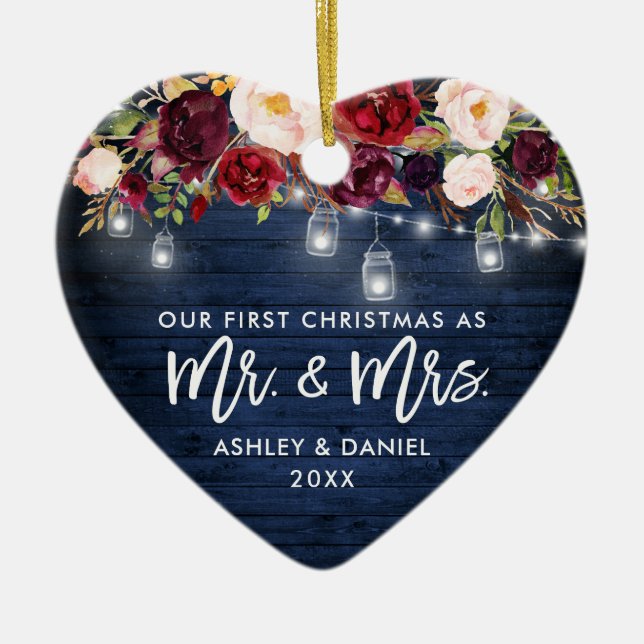 Rustic Burgundy Floral Jar Lights Christmas Blue Ceramic Tree Decoration (Front)