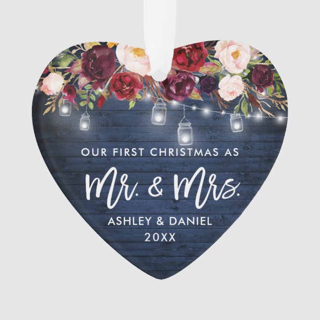 Rustic Burgundy Floral Jar Lights Christmas Blue Ornament (Front)