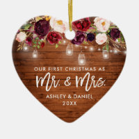 Rustic Burgundy Floral Jar Lights First Christmas