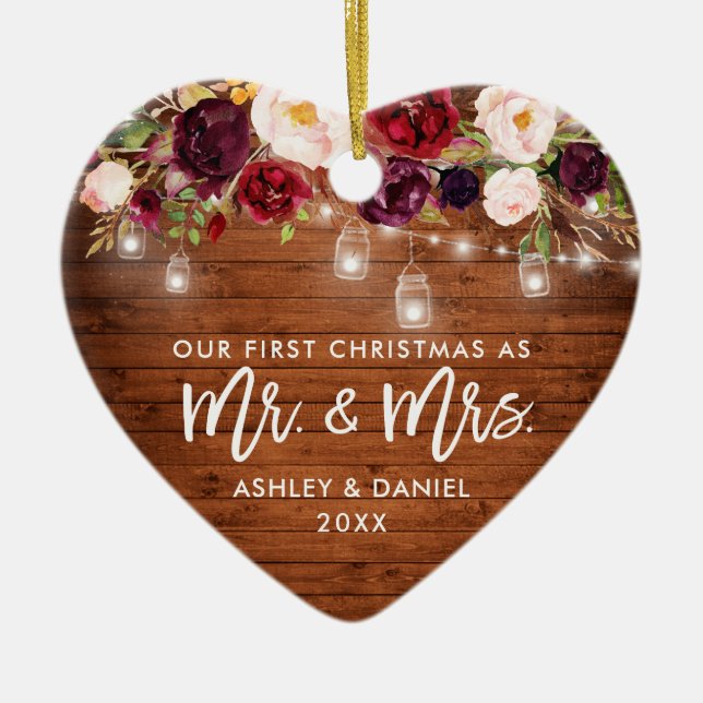 Rustic Burgundy Floral Jar Lights First Christmas Ceramic Tree Decoration (Front)