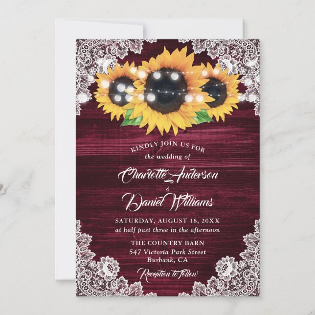 Rustic Burgundy Floral Lace Sunflower Wedding Invitation (Front)
