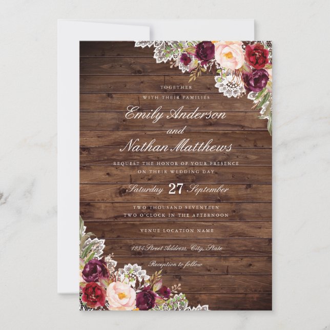 Rustic Burgundy Floral Lace Wedding Invitation (Front)