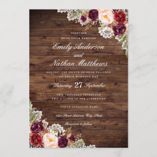 Rustic Burgundy Floral Lace Wedding Invitation