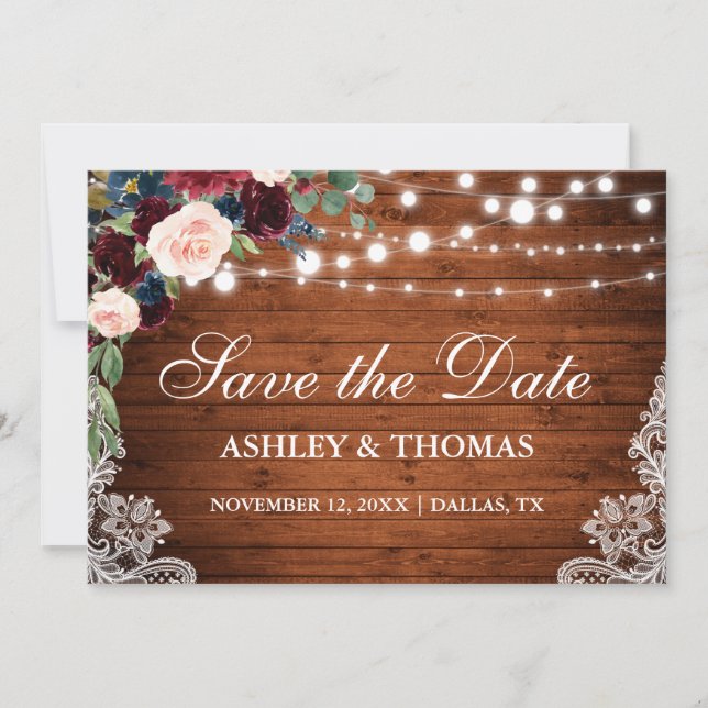 Rustic Burgundy Floral Lace Wood Save the Date (Front)