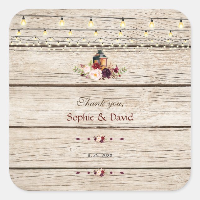 Rustic Burgundy Floral Lantern Old Barn Wedding Square Sticker (Front)