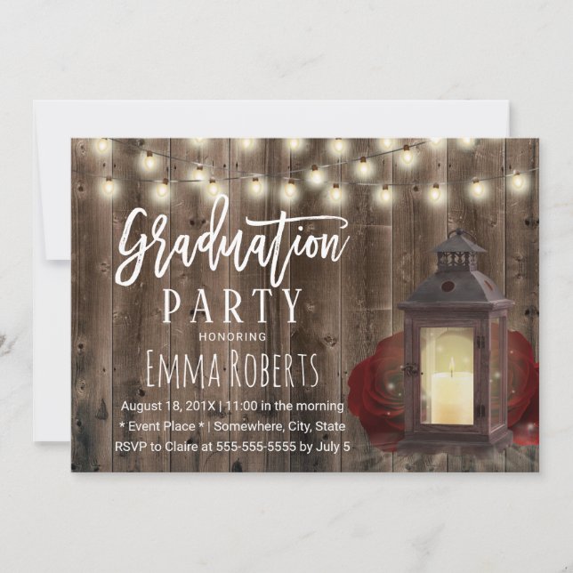 Rustic Burgundy Floral Lantern Wood Graduation Invitation (Front)