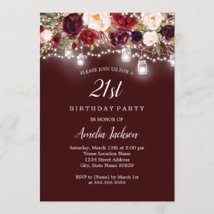 Rustic Burgundy Floral Lights 21st Birthday Invitation