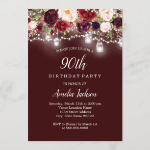 Rustic Burgundy Floral Lights 90th Birthday Invitation
