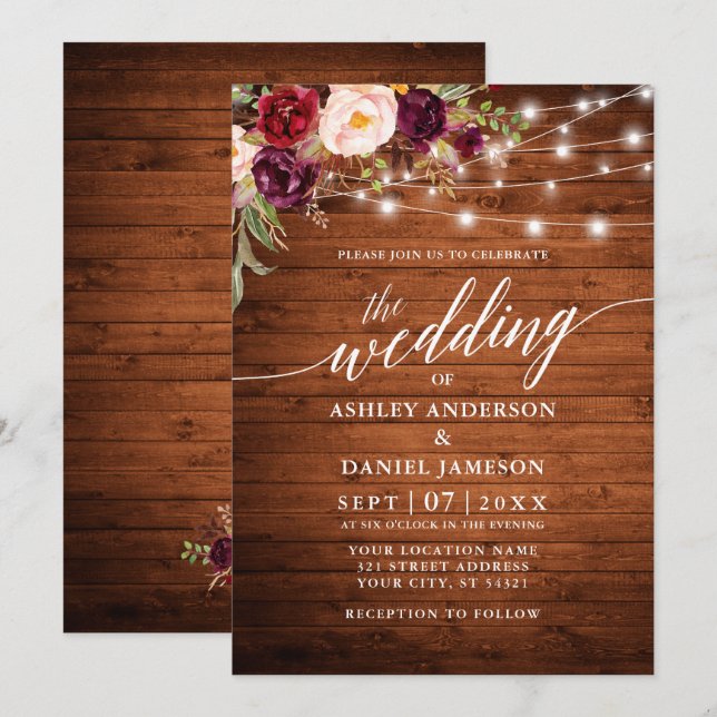 Rustic Burgundy Floral Lights Calligraphy Wedding Invitation (Front/Back)