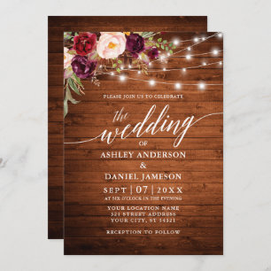 Rustic Burgundy Floral Lights Calligraphy Wedding Invitation