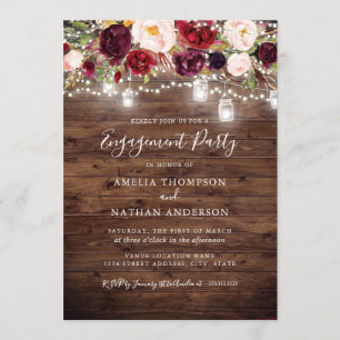 Rustic Burgundy Floral Lights Engagement Party Invitation