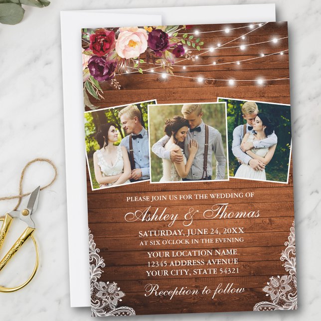 Rustic Burgundy Floral Lights Lace 3 Photo Wedding Invitation (Customize to add more text or more photos to back of card.)