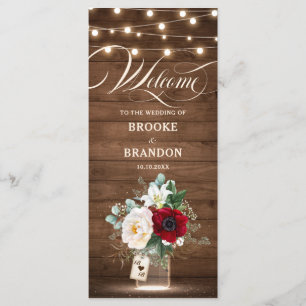 Rustic Burgundy Floral Lights Mason Jar Wedding Programme