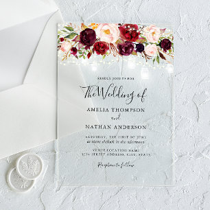 Rustic Burgundy Floral Lights Wedding Acrylic Invitations