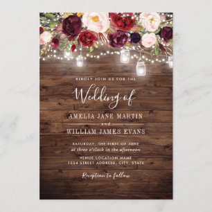Rustic Burgundy Floral Lights Wedding Invitation