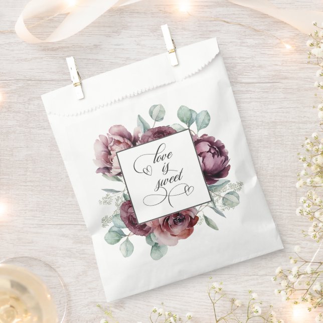 Rustic Burgundy Floral Love is Sweet Favour Bags (Clipped)