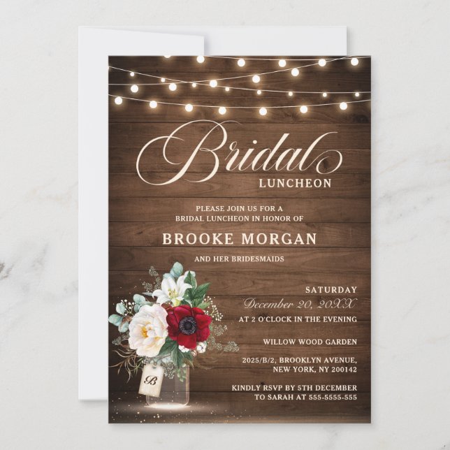 Rustic Burgundy Floral Mason Jar Bridal Luncheon Invitation (Front)