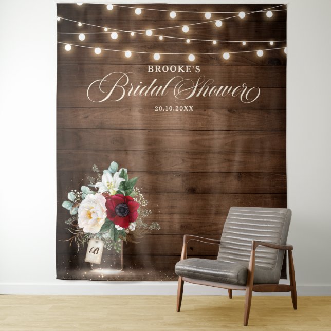 Rustic Burgundy Floral Mason Jar Bridal Shower Tapestry (In Situ)