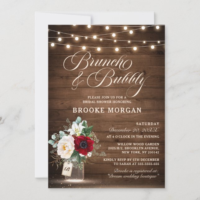 Rustic Burgundy Floral Mason Jar Brunch & Bubbly Invitation (Front)