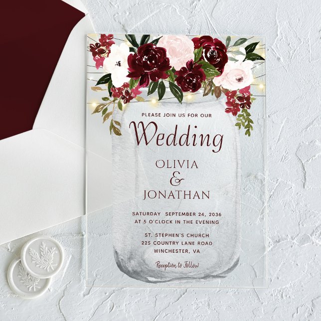 Rustic Burgundy Floral Mason Jar Wedding Acrylic Invitations (Creator Uploaded)