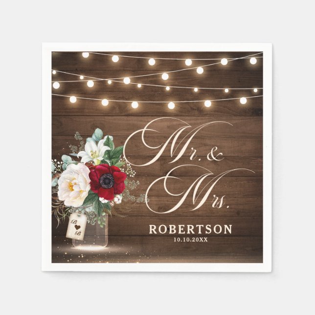 Rustic Burgundy Floral Mason Jar Wedding Napkin (Front)