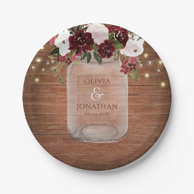 Rustic Burgundy Floral Mason Jar Wedding Paper Plate (Front)