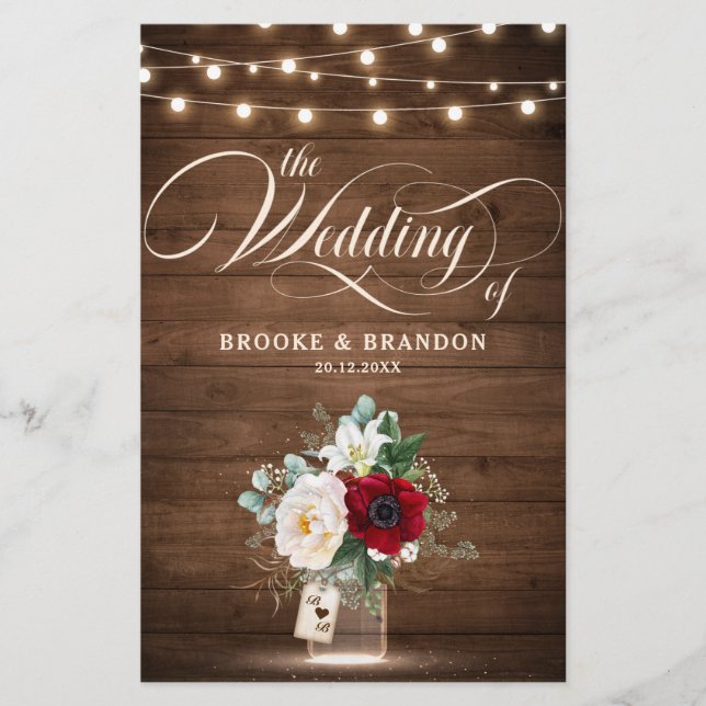 Rustic Burgundy Floral Mason Jar Wedding Program (Front)