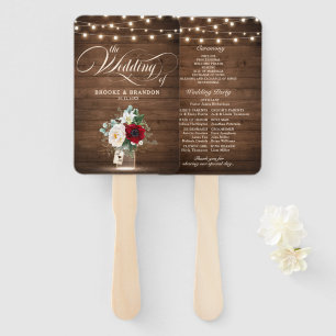 Rustic Burgundy Floral Mason Jar Wedding Program Hand Fan