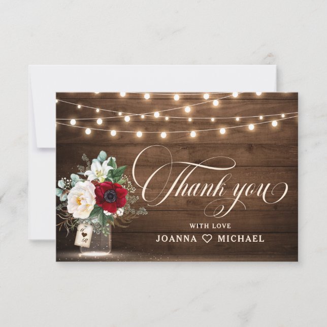 Rustic Burgundy Floral Mason Jar Wedding Thank You (Front)