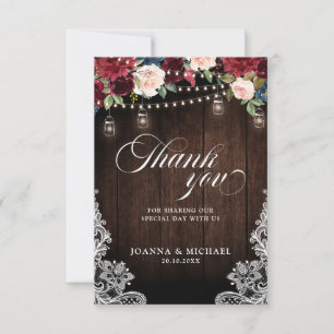 Rustic Burgundy Floral Mason Jar Wedding Thank You Card