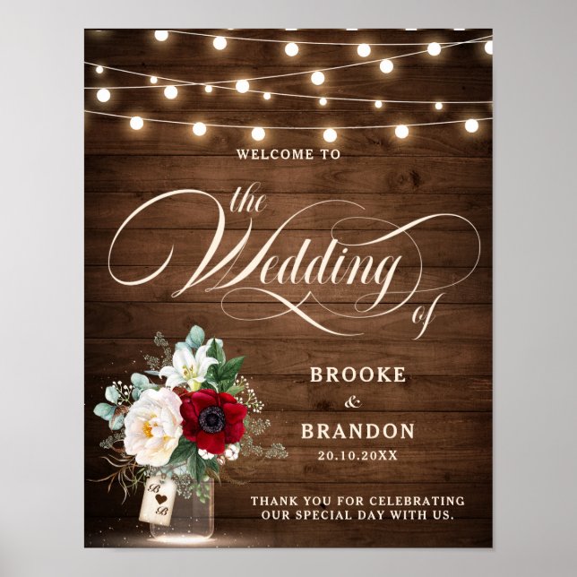 Rustic Burgundy Floral Mason Jar Wedding Welcome Poster (Front)