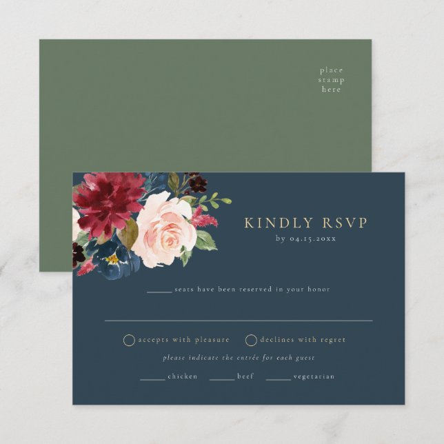 Rustic Burgundy Floral Meal Choice RSVP Postcard (Front/Back)